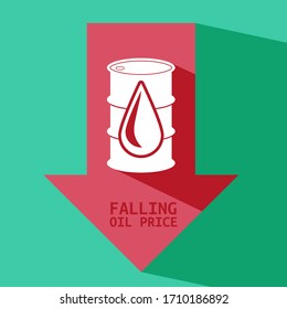 Barrel, oil drop symbol with red down arrow, text falling oil price, new world economy crisis vector illustration concept.