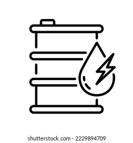 Barrel for Oil Drum Line Icon. Metal Gas Tank Industry Container with Diesel Linear Pictogram. Petrol Energy Gallon with Drop and Lightning Outline Icon. Editable Stroke. Isolated Vector Illustration.