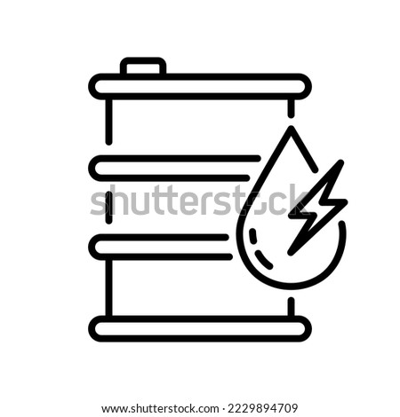 Barrel for Oil Drum Line Icon. Metal Gas Tank Industry Container with Diesel Linear Pictogram. Petrol Energy Gallon with Drop and Lightning Outline Icon. Editable Stroke. Isolated Vector Illustration.