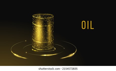 Barrel with oil. Glowing barrel of petroleum. Wireframe low poly graphics. Abstract vector illustration on dark  background. 