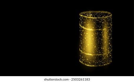 Barrel with oil. Glowing barrel of petroleum. Wireframe low poly graphics. Abstract vector illustration on dark  background. 