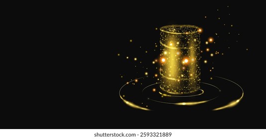 Barrel with oil. Glowing barrel of petroleum. Wireframe low poly graphics. Abstract vector illustration on dark  background. 