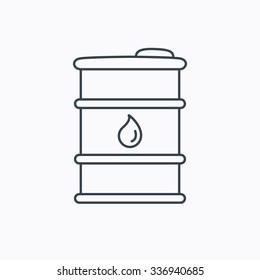 Barrel of oil icon. Cask with water drop sign. Fuel symbol. Linear outline icon on white background.