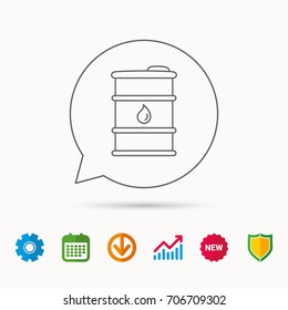 Barrel of oil icon. Cask with water drop sign. Fuel symbol. Calendar, Graph chart and Cogwheel signs. Download and Shield web icons. Vector