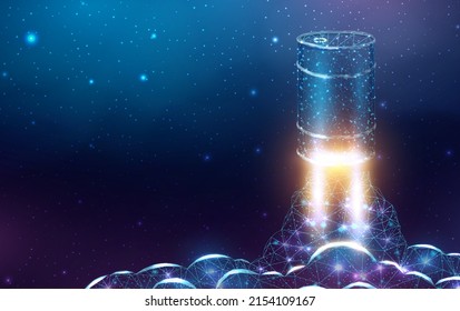 Barrel with oil launch, wireframe polygonal style. The price of oil is falling or growth concept with glowing low poly barrel of petroleum. Futuristic modern abstract background. Vector illustration.