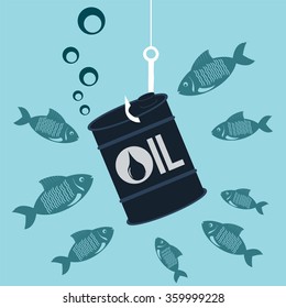 A barrel of oil on the hook under water with the fish. The fall of the oil market. Mineral production on the shelf.