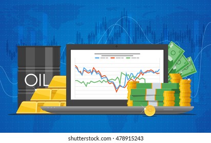 Barrel Of Oil Price Chart Vector Illustration In Flat Style. Stock Chart On Laptop Screen. Pile Of Money, Oil Tanks.