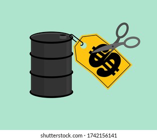 Barrel oil Price tag and scissors. Oil price decline. Cutting prices illustration. Discount price reduction
 
