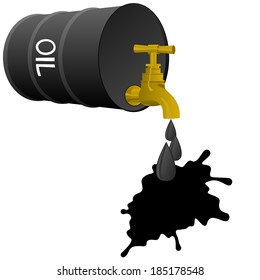 Barrel of oil products and stopcock dripping drops of oil. Illustration on white background.