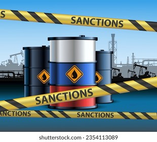 Barril de petróleo con la bandera rusa al fondo de las bombas de petróleo y un oleoducto. Sanciones económicas y financieras. ilustración vectorial.