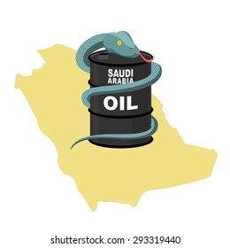 Barrel oil in Saudi Arabia map background. Snake around  cask. Vector illustration. Reptile in desert
