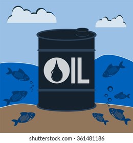 Barrel of oil underwater with the fishes. Oil production on the shelf. Environmental pollution. The Pollution Of The Ocean.