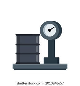 Barrel on a scale. Industrial platform for weighing heavy loads and oil. Black container. Trade in fossil fuels. Flat cartoon illustration