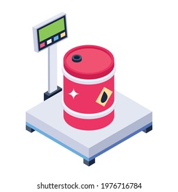 Barrel on a weight machine, load weighing concept in isometric icon