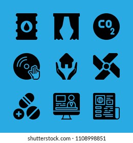 barrel, pills, windmill, newspaper, vinyl, television, co, curtains and home insurance vector icon. Simple icons set