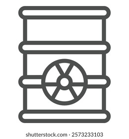 Barrel with radioactive fuel waste line icon, atomic energy concept. Vector graphics. Bucket with radiation seal sign on white background, outline style icon for mobile or web design