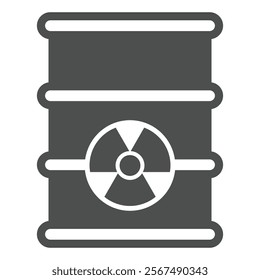 Barrel with radioactive fuel waste solid icon, atomic energy concept. Vector graphics. Bucket with radiation seal sign on white background, glyph style icon for mobile or web design