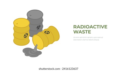 Barrel with radioactive and toxic substance is spilled. Leak of radioactivity and toxicity, contamination and pollution of environment because of environmental accident. Vector illustration