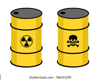 Barrel with radioactive and toxic substance. Symbol of radioactivity and toxicity on the yellow container. Nuclear and atomic waste or chemical product. Vector illustration