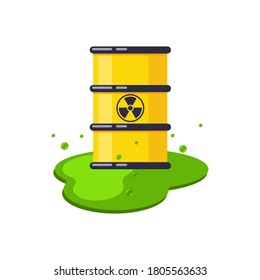 Barrel with radioactive waste in flat design. Acid puddle. Ecological catastrophy. Environmental pollution. Vector stock illustration