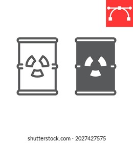 Barrel with radioactive waste line and glyph icon, recycle and ecology, chemical waste vector icon, vector graphics, editable stroke outline sign, eps 10