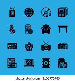 barrel, recorder, newspaper, armchair, id card, worldwide, radio, compact disc and laptop vector icon. Simple icons set