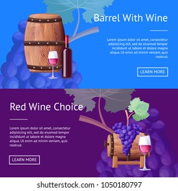 Barrel with red wine and choice Internet pages. How to choice delicious wine and containers to keep it long time web banners vector illustrations.