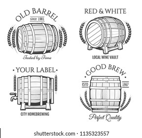 Barrel retro emblems. Vector old barrels kegs logo set, vintage wooden cask labels for wine, crafted beer and whiskey distillery isolated on white