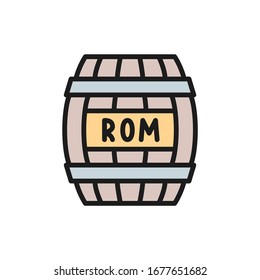 Barrel of rum, alcohol, drink container, wooden keg flat color line icon.