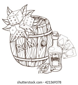 Barrel of rum, bottle, playing cards, dice. Graphics Pirate theme.