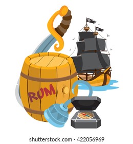 Barrel of rum, pirate hook, compass, pirate ship. Graphics Pirate theme.