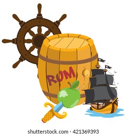 Barrel of rum, pirate ship, the helm. Graphics Pirate theme.