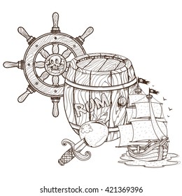 Barrel of rum, pirate ship, the helm. Graphics Pirate theme.