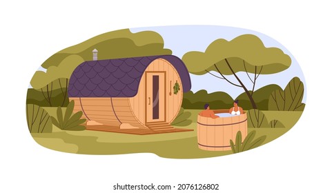 Barrel sauna and couple in wooden water bucket in nature. Wood round banya house. Landscape with people near bathhouse. Outdoor SPA and wellness. Flat vector illustration isolated on white background