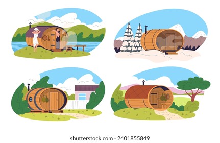 Barrel sauna. Wellness outside banya wooden spa cabin in nature landscape, rustic bathhouse people winter relax wood bath countryside scenery, vector illustration of wellness sauna barrel wooden