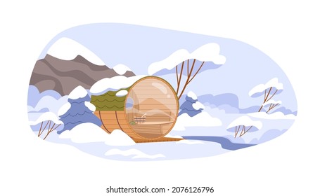 Barrel sauna from wood and glass in winter nature. Wooden outdoor banya. Hot bathhouse in cold weather with snow. Round cedar cabin for SPA. Flat vector illustration isolated on white background