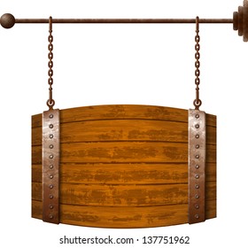 Barrel shaped wooden signboard on rusty chains