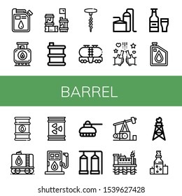 barrel simple icons set. Contains such icons as Oil, Tank, Barrels, Barrel, Corkscrew, Storage tank, Beer, Oil barrel, Fuel, Pumpjack, Oil rig, can be used for web, mobile and logo