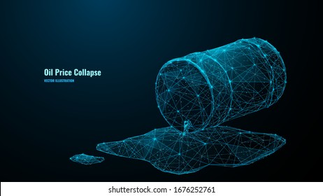 Barrel with spilled liquid. Isolated low poly wireframe Illustration on blue background. Oil price falling concept as a barrel of crude petroleum spilling down. Polygons and  particles.