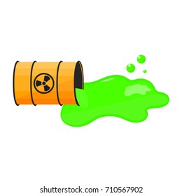 Barrel with spilled liquid. Radioactive sign. Green slime. Waste. Vector illustration.