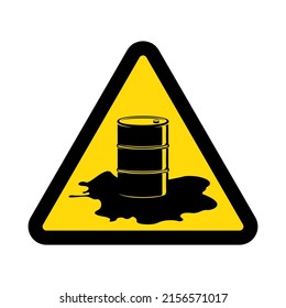 Barrel with spilled oil, warning yellow triangular sign isolated on white background, vector illustration