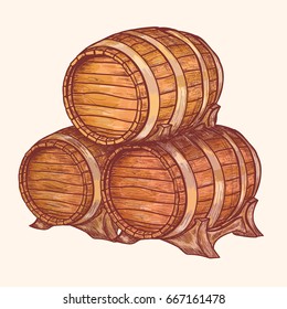 Barrel for storage of wine, beer, alcohol. Barrel for storage of wine, beer, alcohol. Hand drawn retro vintage illustration, engraved style. Old woods kegs