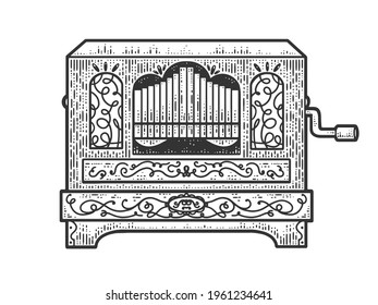 barrel street organ sketch engraving vector illustration. T-shirt apparel print design. Scratch board imitation. Black and white hand drawn image.