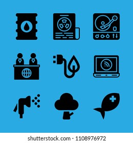 barrel, turntable, news reporter, fish, laptop, electricity, tree, newspaper and watering vector icon. Simple icons set