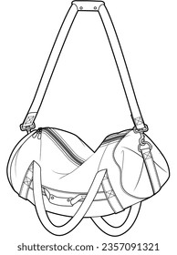 barrel type sport duffle bag with long and short adjustable straps vector illustration technical cad drawing template