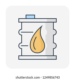 Barrel unit with drum container vector icon. Steel metal tank with standard size of volume for storage, transport fossil fuel or liquid petroleum material i.e. crude oil, gasoline, diesel or lubricant
