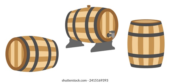 barrel vector with different view. wooden barrel vector illustration isolated on white background.