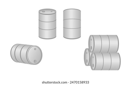 Fass-Vektorgrafik-Set. Silberstahl-glänzendes Metall-Emaille-Fass. Vektorillustration isoliert auf weißem Hintergrund.