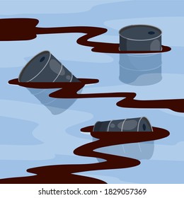 Barrel in water. Spilled fuel and gasoline. Ocean pollution. Flat cartoon concept. Dumping chemicals into sea. Environmental problem