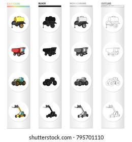 A barrel with water, a trailer, a dumper, an agricultural tractor, a forklift. Different kinds of agricultural machinery set collection icons in cartoon black monochrome outline style vector symbol